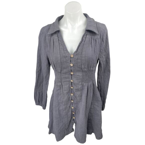 Heyson Gray Long Sleeve Collared V-Neck Button Down A Line Mini Dress Size S - Picture 1 of 4